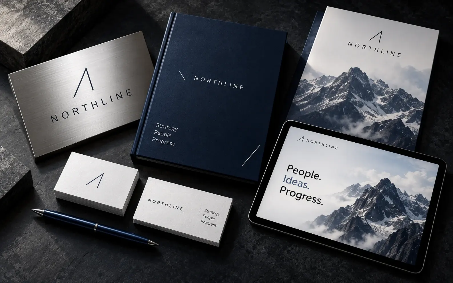 NORTHLINE concept: navy, silver and white identity across office signage, a hardback report, business cards and a tablet website.
