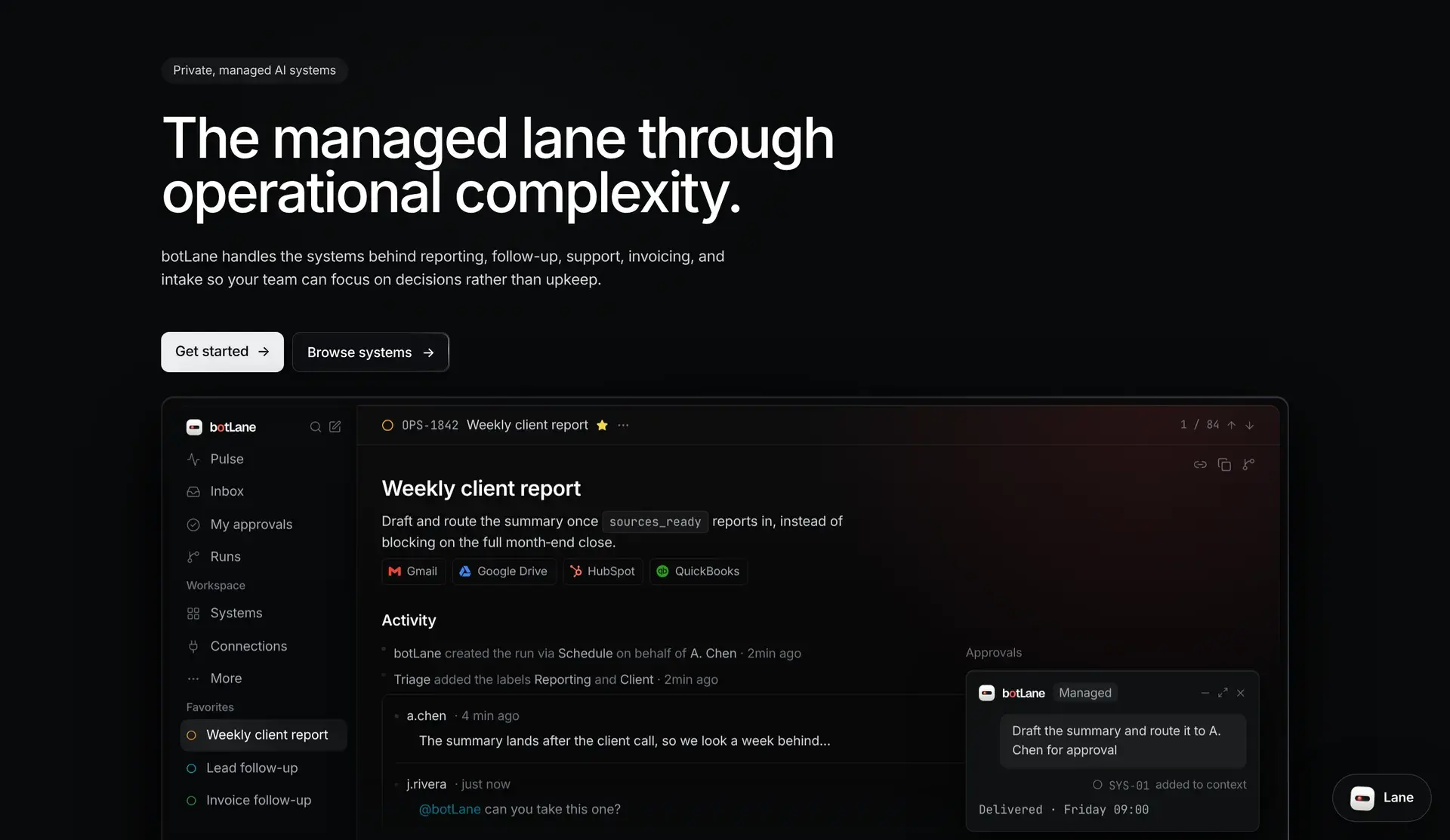 botlane.io homepage: the headline “The managed lane through operational complexity” above an interactive product preview of a weekly client report run.